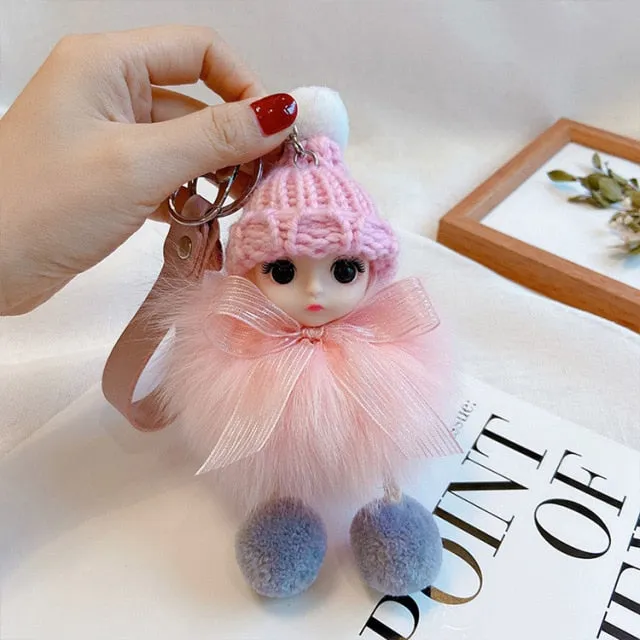 Pompom Sleeping Baby Keychain Cute Fluffy Plush Doll Keychains Women Girl Bags Keyrings Cars Key Ring  Gift Charming  Decoration