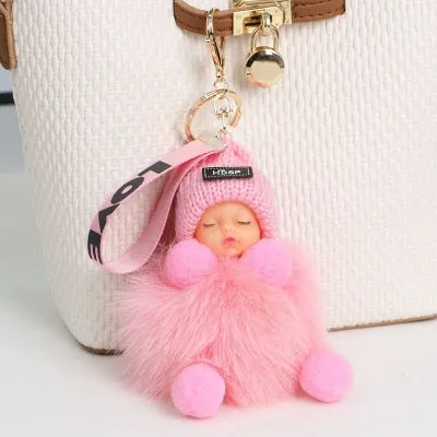 Pompom Sleeping Baby Keychain Cute Fluffy Plush Doll Keychains Women Girl Bags Keyrings Cars Key Ring  Gift Charming  Decoration