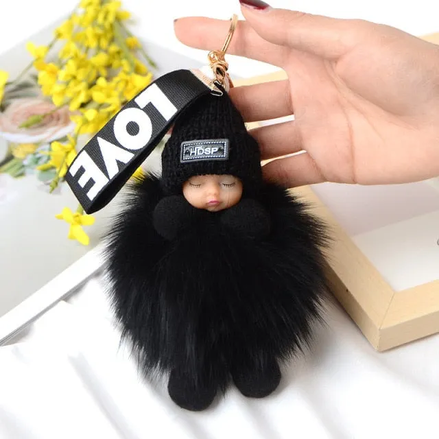 Pompom Sleeping Baby Keychain Cute Fluffy Plush Doll Keychains Women Girl Bags Keyrings Cars Key Ring  Gift Charming  Decoration