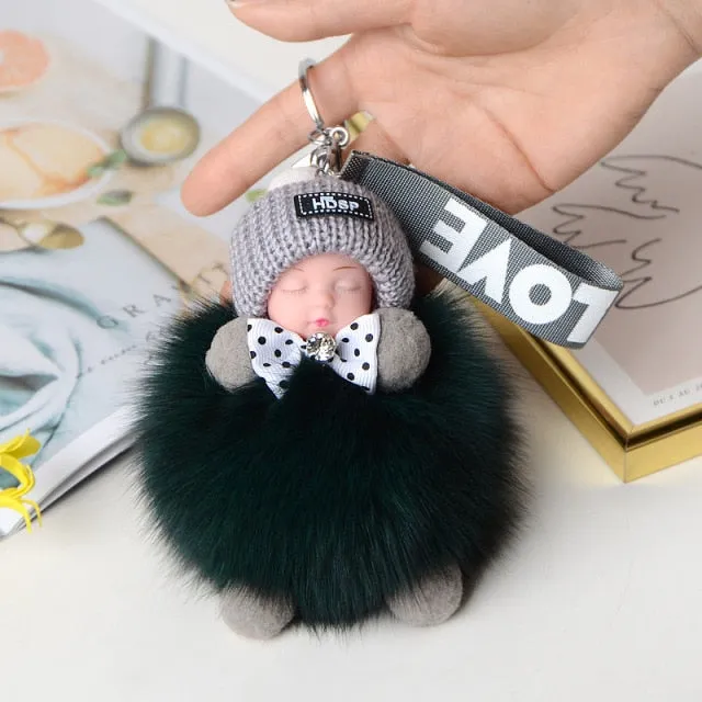 Pompom Sleeping Baby Keychain Cute Fluffy Plush Doll Keychains Women Girl Bags Keyrings Cars Key Ring  Gift Charming  Decoration