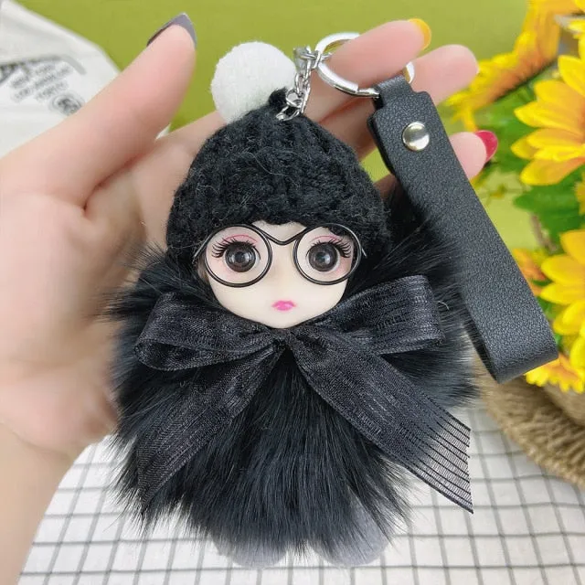 Pompom Sleeping Baby Keychain Cute Fluffy Plush Doll Keychains Women Girl Bags Keyrings Cars Key Ring  Gift Charming  Decoration