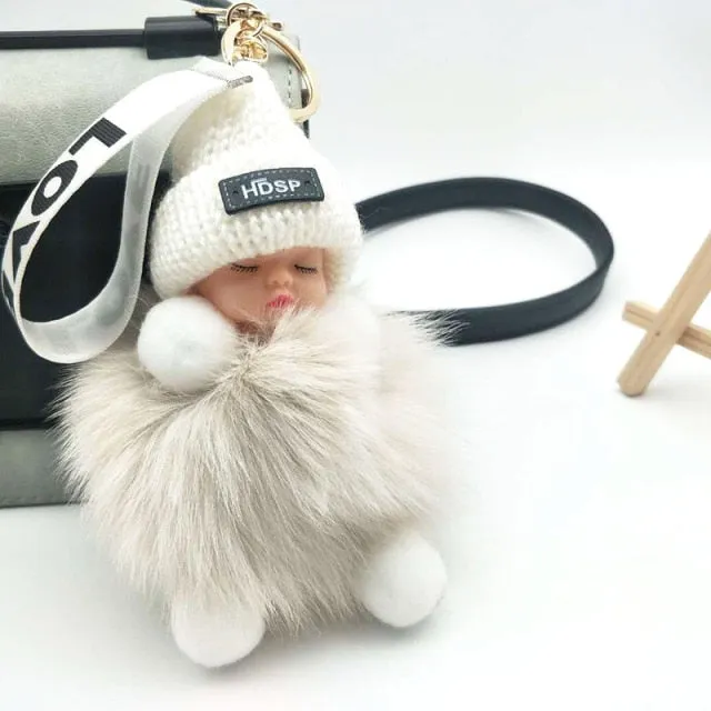 Pompom Sleeping Baby Keychain Cute Fluffy Plush Doll Keychains Women Girl Bags Keyrings Cars Key Ring  Gift Charming  Decoration