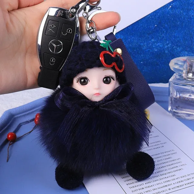 Pompom Sleeping Baby Keychain Cute Fluffy Plush Doll Keychains Women Girl Bags Keyrings Cars Key Ring  Gift Charming  Decoration