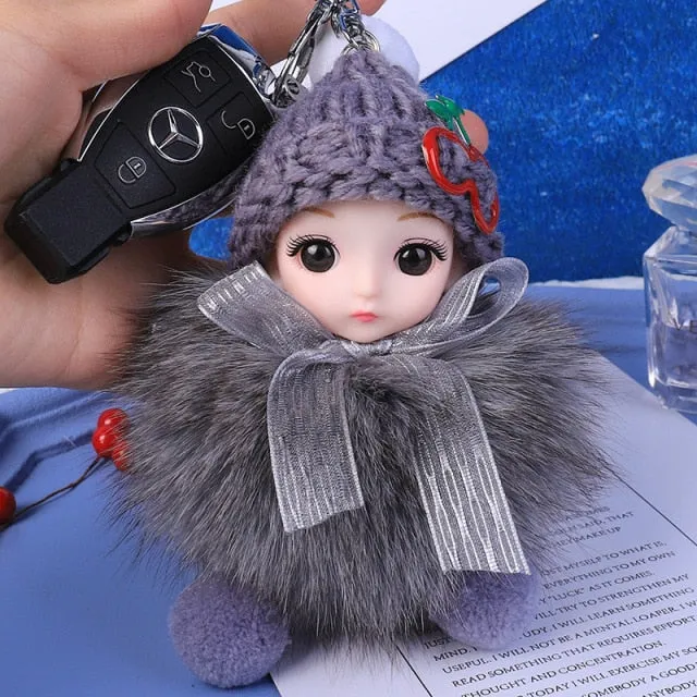 Pompom Sleeping Baby Keychain Cute Fluffy Plush Doll Keychains Women Girl Bags Keyrings Cars Key Ring  Gift Charming  Decoration