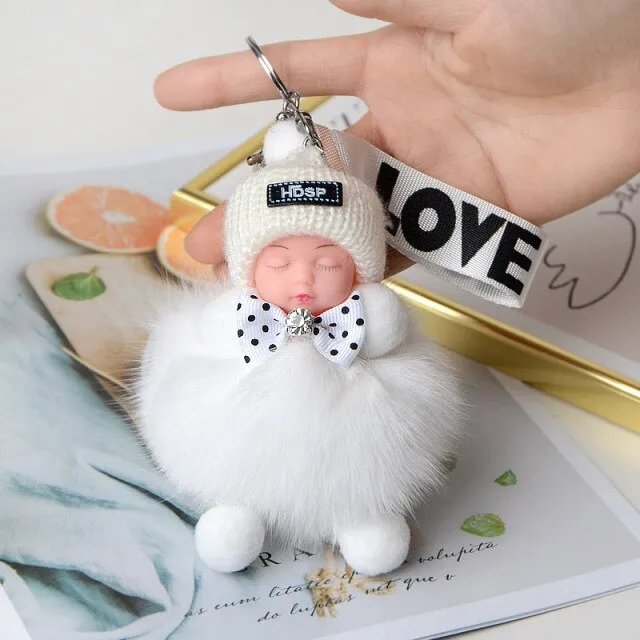 Pompom Sleeping Baby Keychain Cute Fluffy Plush Doll Keychains Women Girl Bags Keyrings Cars Key Ring  Gift Charming  Decoration