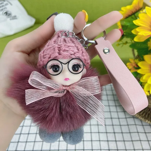 Pompom Sleeping Baby Keychain Cute Fluffy Plush Doll Keychains Women Girl Bags Keyrings Cars Key Ring  Gift Charming  Decoration