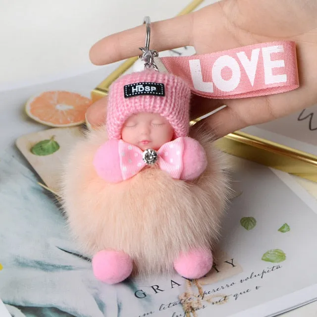 Pompom Sleeping Baby Keychain Cute Fluffy Plush Doll Keychains Women Girl Bags Keyrings Cars Key Ring  Gift Charming  Decoration