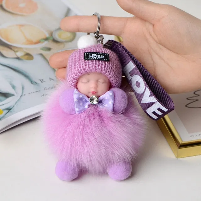 Pompom Sleeping Baby Keychain Cute Fluffy Plush Doll Keychains Women Girl Bags Keyrings Cars Key Ring  Gift Charming  Decoration