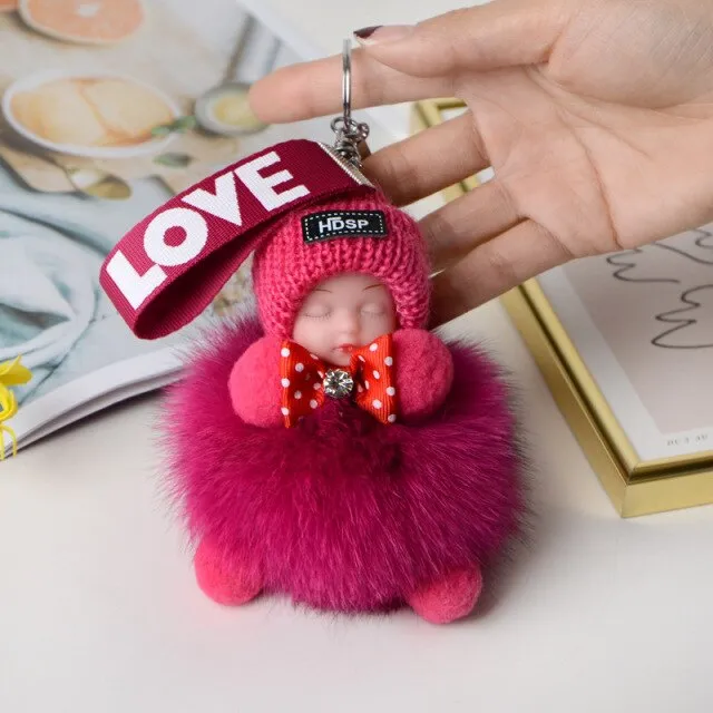 Pompom Sleeping Baby Keychain Cute Fluffy Plush Doll Keychains Women Girl Bags Keyrings Cars Key Ring  Gift Charming  Decoration