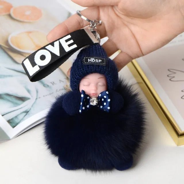 Pompom Sleeping Baby Keychain Cute Fluffy Plush Doll Keychains Women Girl Bags Keyrings Cars Key Ring  Gift Charming  Decoration