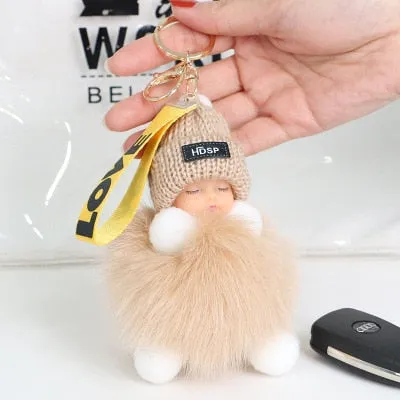 Pompom Sleeping Baby Keychain Cute Fluffy Plush Doll Keychains Women Girl Bags Keyrings Cars Key Ring  Gift Charming  Decoration