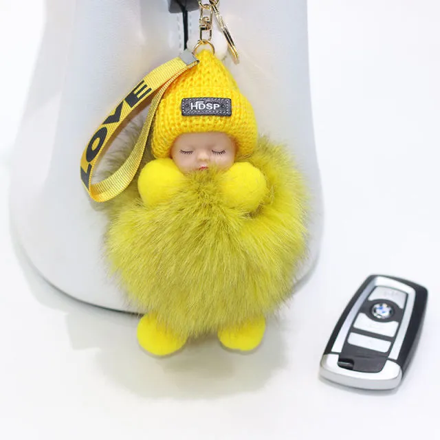 Pompom Sleeping Baby Keychain Cute Fluffy Plush Doll Keychains Women Girl Bags Keyrings Cars Key Ring  Gift Charming  Decoration