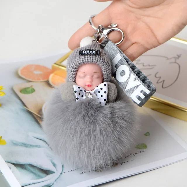 Pompom Sleeping Baby Keychain Cute Fluffy Plush Doll Keychains Women Girl Bags Keyrings Cars Key Ring  Gift Charming  Decoration