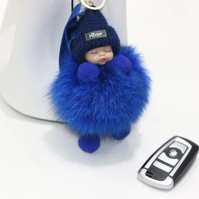 Pompom Sleeping Baby Keychain Cute Fluffy Plush Doll Keychains Women Girl Bags Keyrings Cars Key Ring  Gift Charming  Decoration