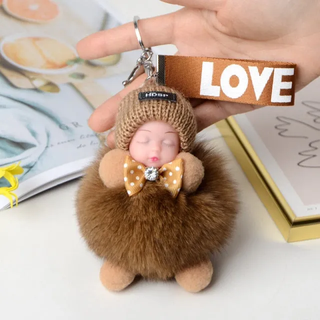 Pompom Sleeping Baby Keychain Cute Fluffy Plush Doll Keychains Women Girl Bags Keyrings Cars Key Ring  Gift Charming  Decoration