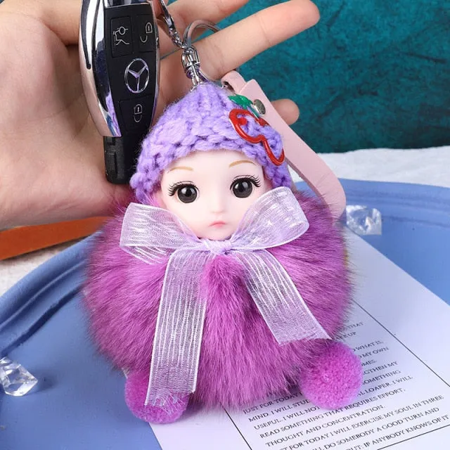 Pompom Sleeping Baby Keychain Cute Fluffy Plush Doll Keychains Women Girl Bags Keyrings Cars Key Ring  Gift Charming  Decoration