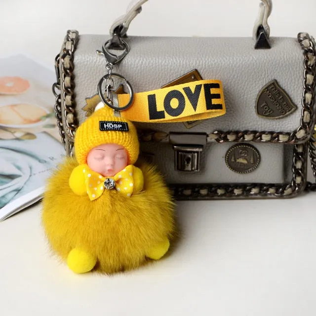 Pompom Sleeping Baby Keychain Cute Fluffy Plush Doll Keychains Women Girl Bags Keyrings Cars Key Ring  Gift Charming  Decoration