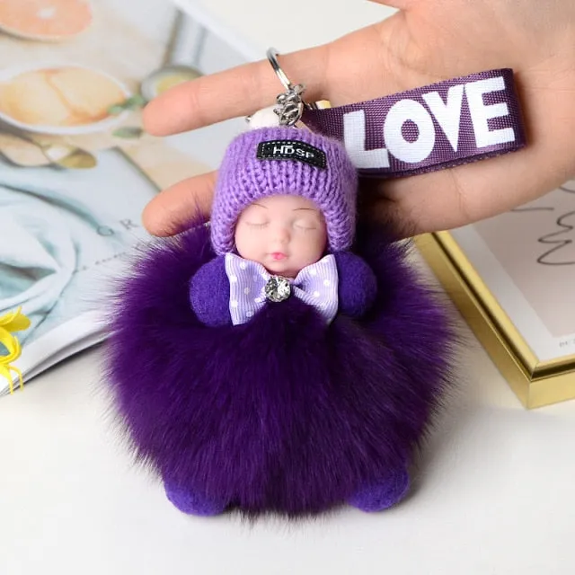 Pompom Sleeping Baby Keychain Cute Fluffy Plush Doll Keychains Women Girl Bags Keyrings Cars Key Ring  Gift Charming  Decoration