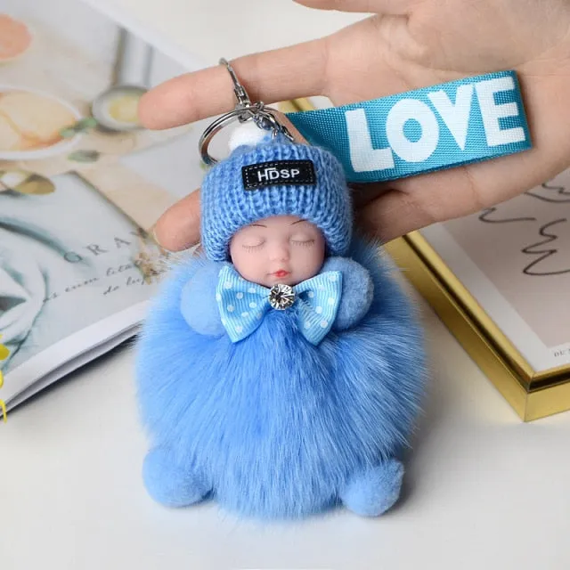 Pompom Sleeping Baby Keychain Cute Fluffy Plush Doll Keychains Women Girl Bags Keyrings Cars Key Ring  Gift Charming  Decoration