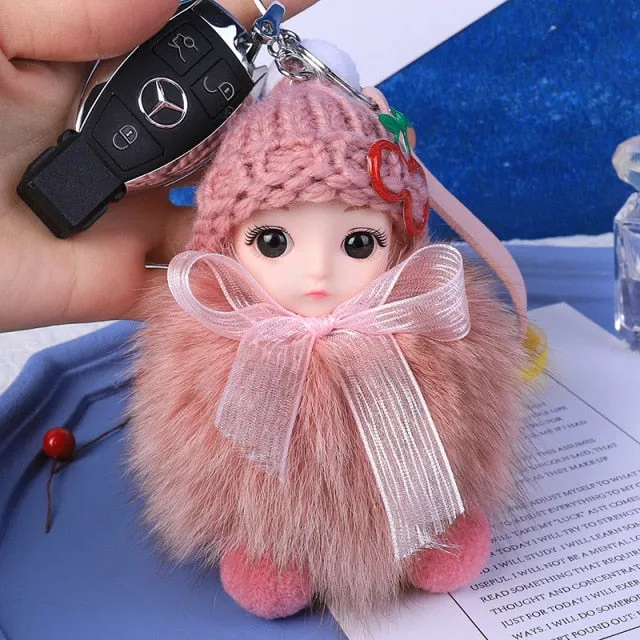 Pompom Sleeping Baby Keychain Cute Fluffy Plush Doll Keychains Women Girl Bags Keyrings Cars Key Ring  Gift Charming  Decoration