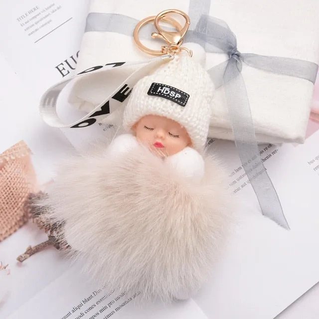 Pompom Sleeping Baby Keychain Cute Fluffy Plush Doll Keychains Women Girl Bags Keyrings Cars Key Ring  Gift Charming  Decoration