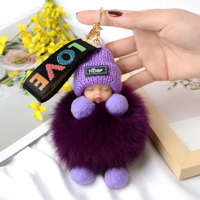 Pompom Sleeping Baby Keychain Cute Fluffy Plush Doll Keychains Women Girl Bags Keyrings Cars Key Ring  Gift Charming  Decoration