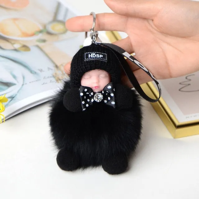 Pompom Sleeping Baby Keychain Cute Fluffy Plush Doll Keychains Women Girl Bags Keyrings Cars Key Ring  Gift Charming  Decoration