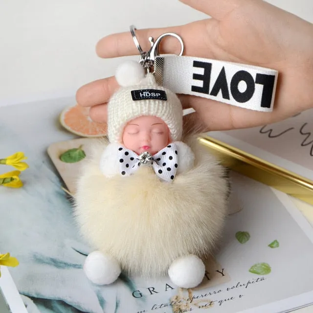 Pompom Sleeping Baby Keychain Cute Fluffy Plush Doll Keychains Women Girl Bags Keyrings Cars Key Ring  Gift Charming  Decoration