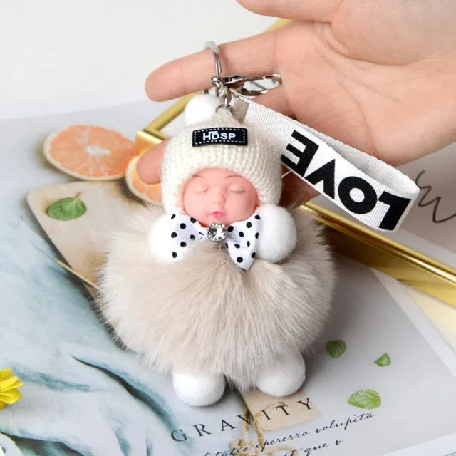 Pompom Sleeping Baby Keychain Cute Fluffy Plush Doll Keychains Women Girl Bags Keyrings Cars Key Ring  Gift Charming  Decoration