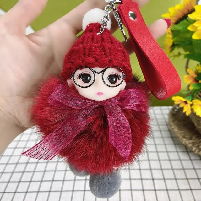 Pompom Sleeping Baby Keychain Cute Fluffy Plush Doll Keychains Women Girl Bags Keyrings Cars Key Ring  Gift Charming  Decoration