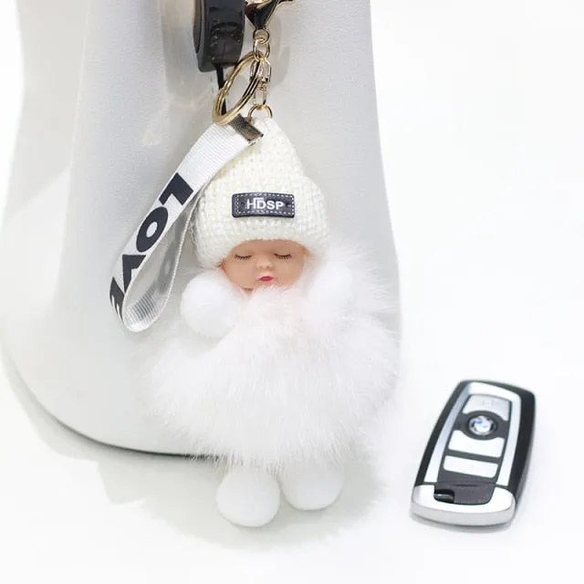 Pompom Sleeping Baby Keychain Cute Fluffy Plush Doll Keychains Women Girl Bags Keyrings Cars Key Ring  Gift Charming  Decoration