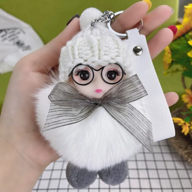 Pompom Sleeping Baby Keychain Cute Fluffy Plush Doll Keychains Women Girl Bags Keyrings Cars Key Ring  Gift Charming  Decoration