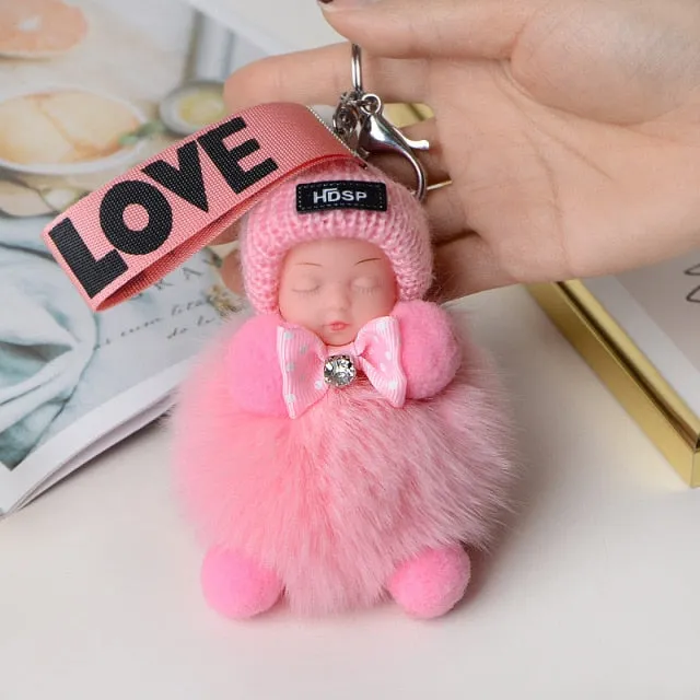 Pompom Sleeping Baby Keychain Cute Fluffy Plush Doll Keychains Women Girl Bags Keyrings Cars Key Ring  Gift Charming  Decoration