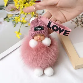 Pompom Sleeping Baby Keychain Cute Fluffy Plush Doll Keychains Women Girl Bags Keyrings Cars Key Ring  Gift Charming  Decoration