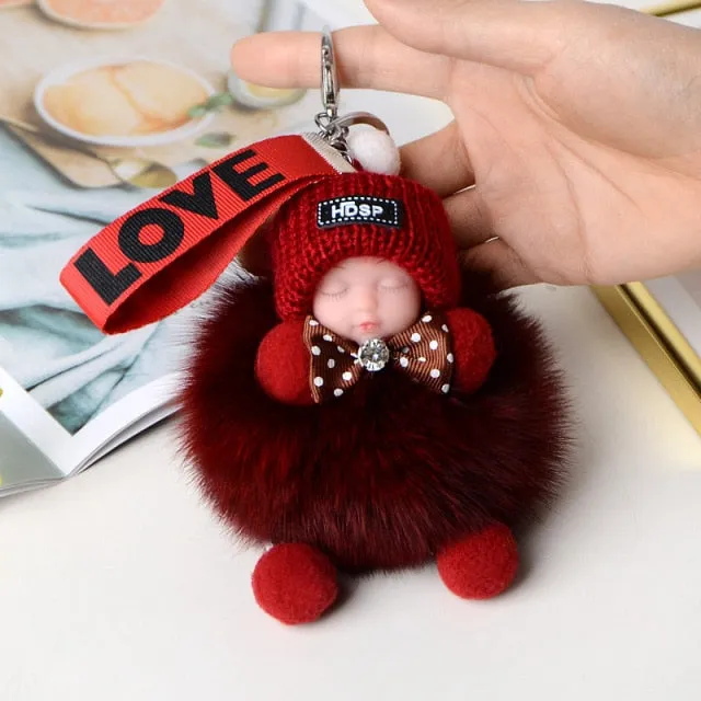 Pompom Sleeping Baby Keychain Cute Fluffy Plush Doll Keychains Women Girl Bags Keyrings Cars Key Ring  Gift Charming  Decoration