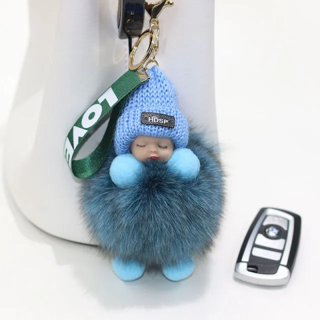 Pompom Sleeping Baby Keychain Cute Fluffy Plush Doll Keychains Women Girl Bags Keyrings Cars Key Ring  Gift Charming  Decoration