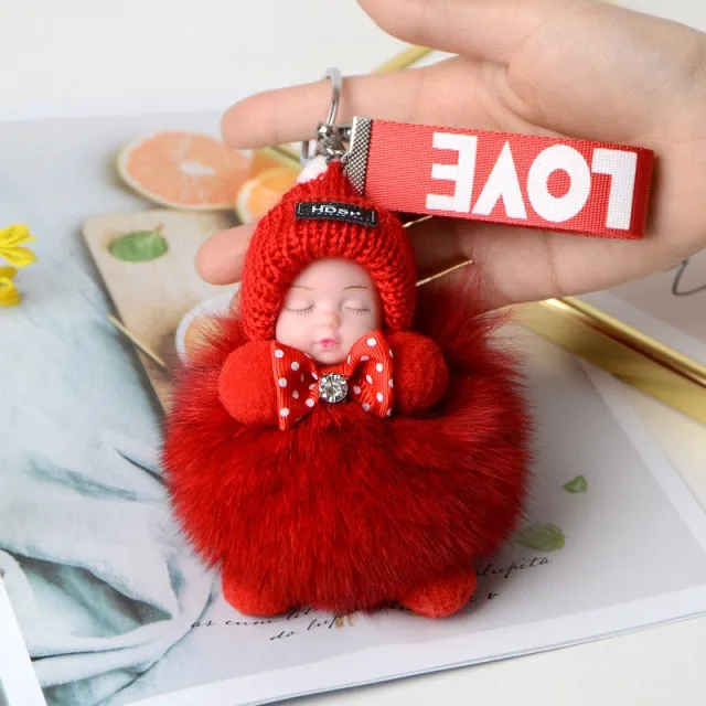 Pompom Sleeping Baby Keychain Cute Fluffy Plush Doll Keychains Women Girl Bags Keyrings Cars Key Ring  Gift Charming  Decoration