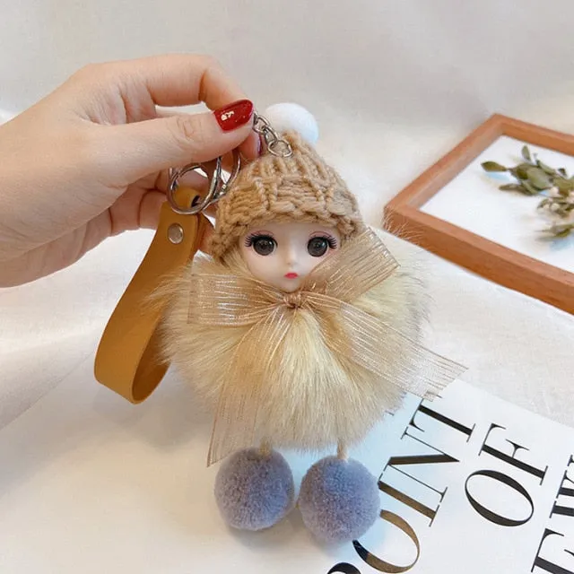 Pompom Sleeping Baby Keychain Cute Fluffy Plush Doll Keychains Women Girl Bags Keyrings Cars Key Ring  Gift Charming  Decoration