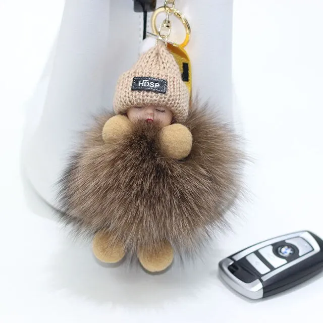 Pompom Sleeping Baby Keychain Cute Fluffy Plush Doll Keychains Women Girl Bags Keyrings Cars Key Ring  Gift Charming  Decoration