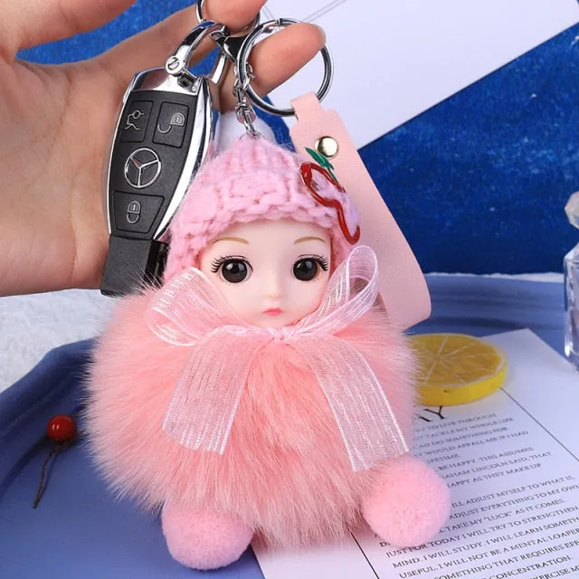 Pompom Sleeping Baby Keychain Cute Fluffy Plush Doll Keychains Women Girl Bags Keyrings Cars Key Ring  Gift Charming  Decoration