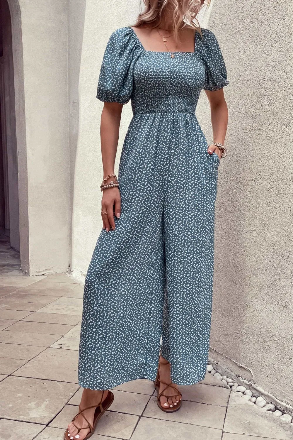 Printed Square Neck Jumpsuit with Pockets