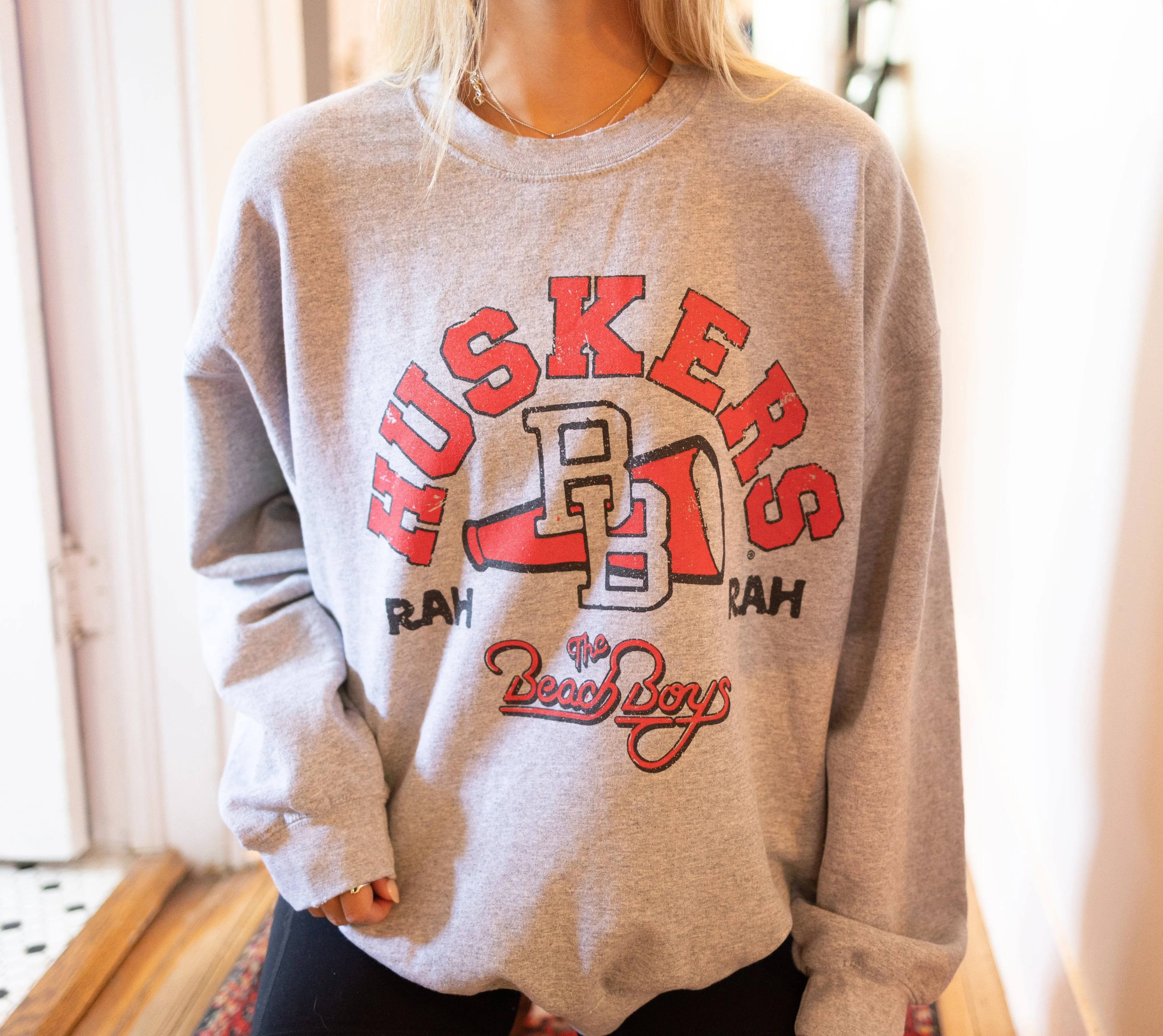 The Beach Boys Nebraska Huskers Cheer Arch Gray Thrifted Sweatshirt