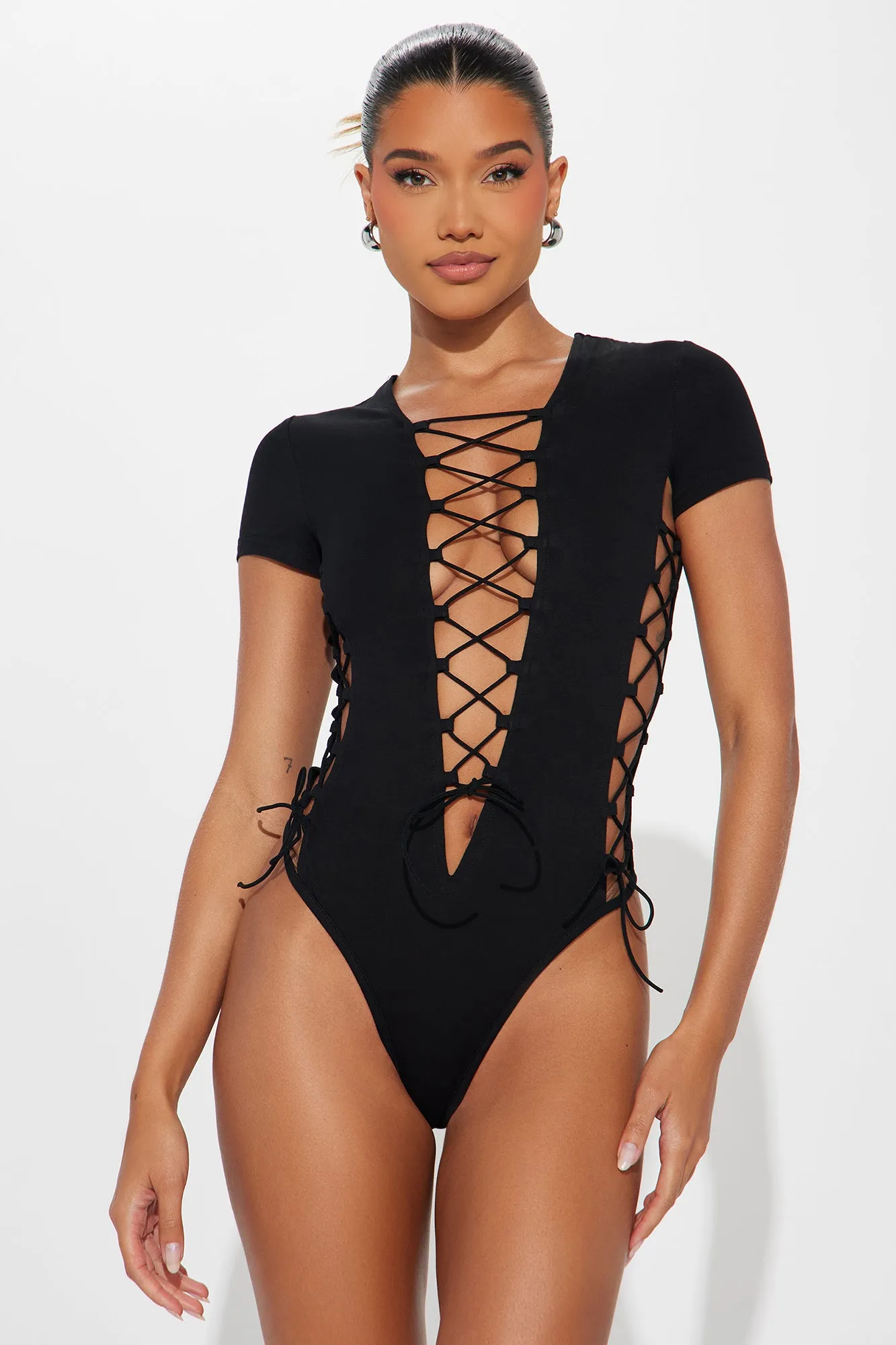 Tied To You Lace Up Bodysuit - Black