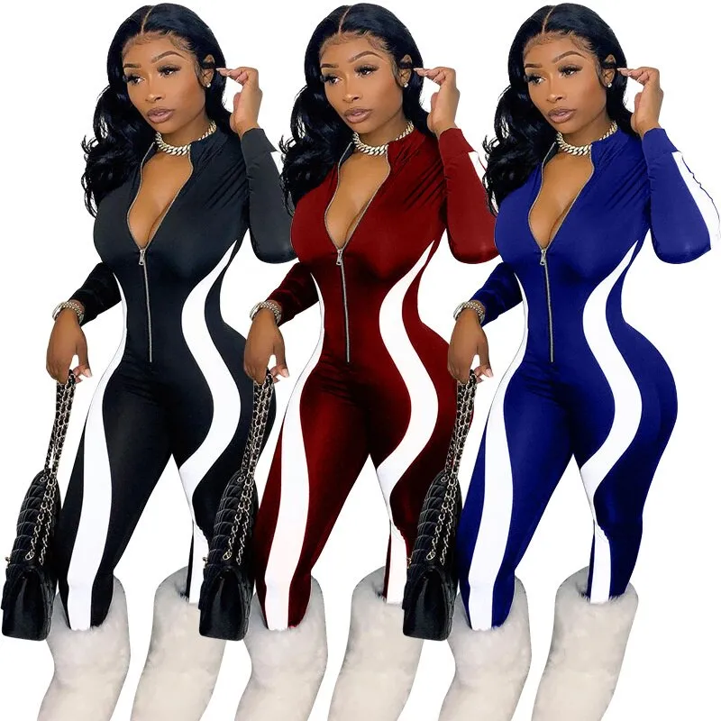 Womens Striped Zipper Jumpsuits