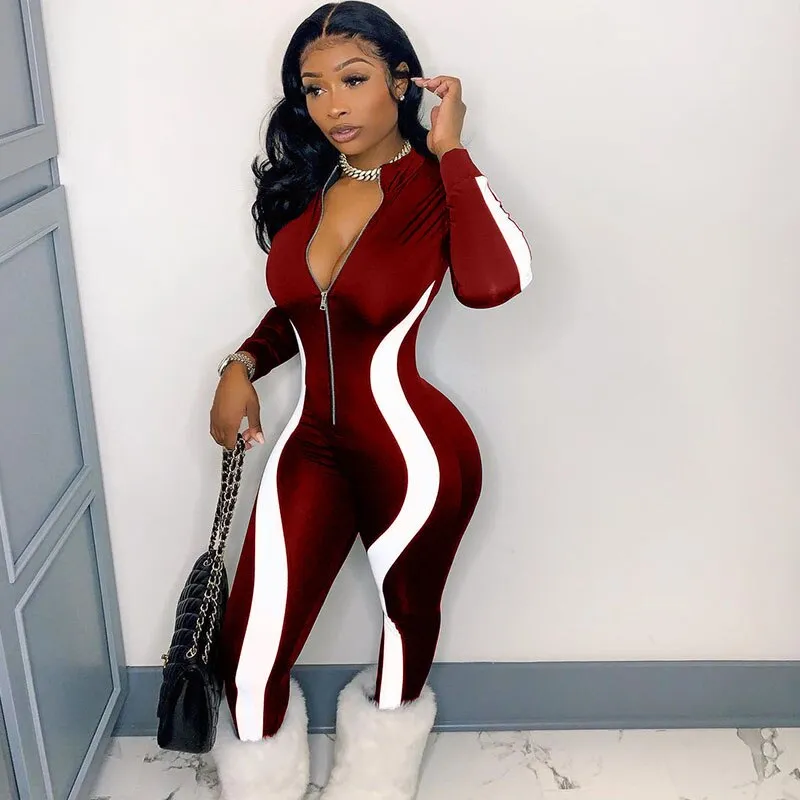 Womens Striped Zipper Jumpsuits